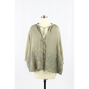 HANA SAN Ornella Olive Green Cotton Voile Eyelet Tunic Blouse, Size 38/S